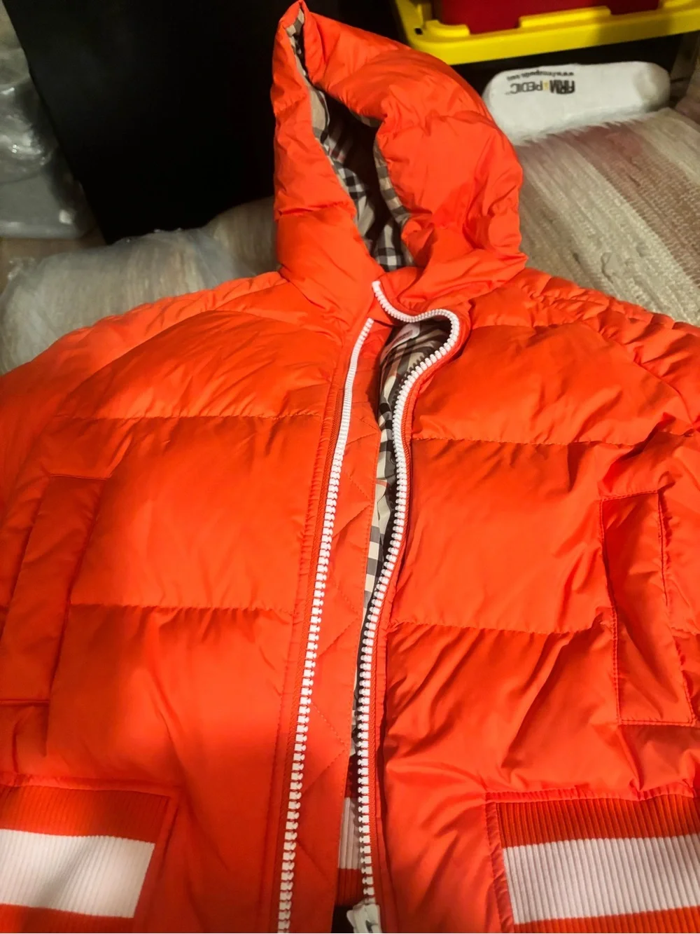 Burberry Kids Orange Hooded Puffer Jacket with Stripe Hem
